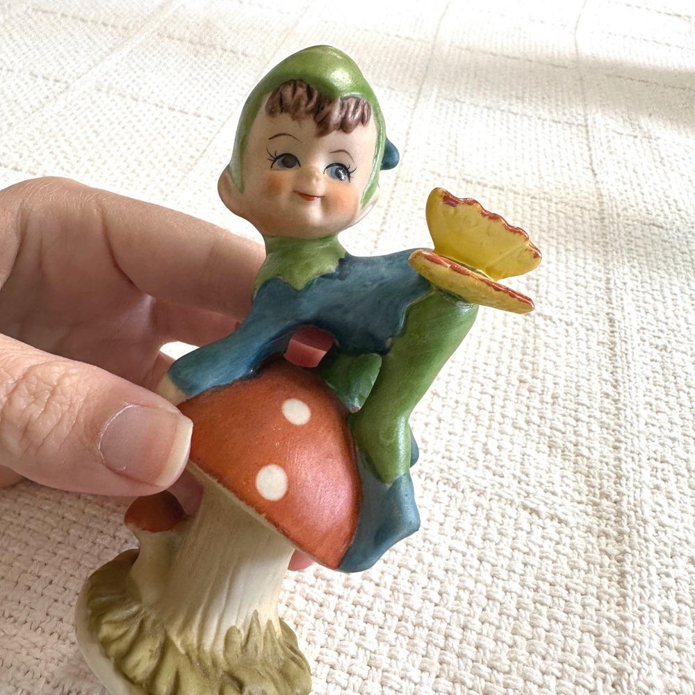 VTG Pixie Elf Mushroom Figurine Ceramic Butterfly Kitsch Cottage 50s 60s - Picture 2 of 9